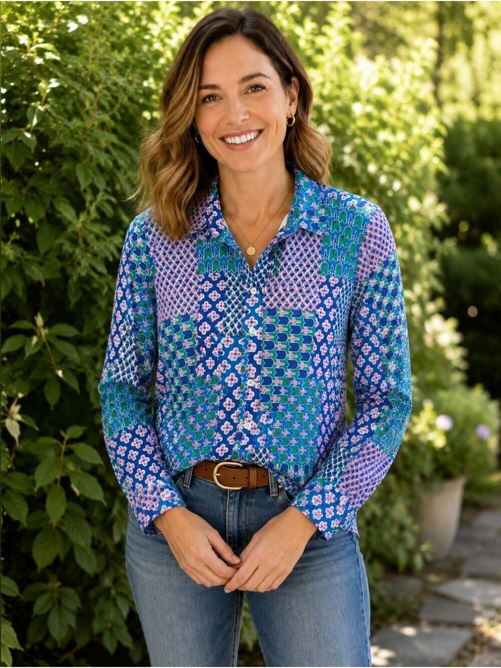 Talbots Petites Patchwork Print Button Front Blouse Blue Pink Green MP - Picture 13 of 16